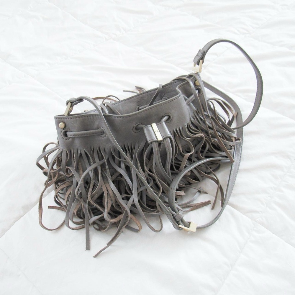 KAREN MILLEN Gray Leather Fringe Purse Modern Western Drawstring Shoulder Bag